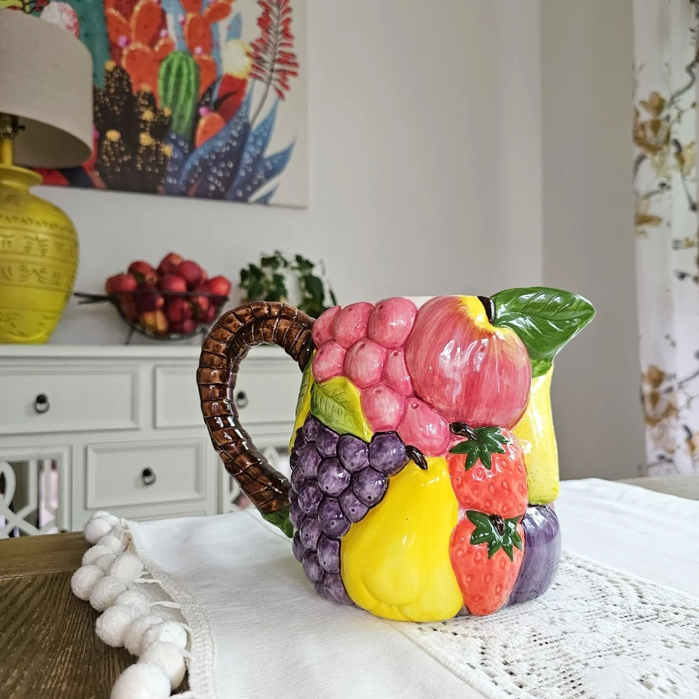 Vintage Handcrafted Pier 1 Imports Majolica Ceramic Fruits Design Pitcher 7